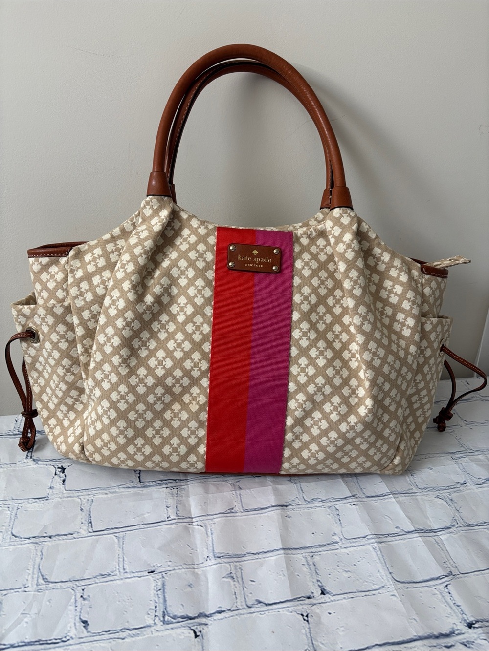 kate spade Beige Canvas Tote with Red & Pink Center Stripe and Brown Trim